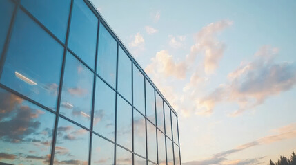 stunning view of modern architecture with reflective glass panels and colorful sky