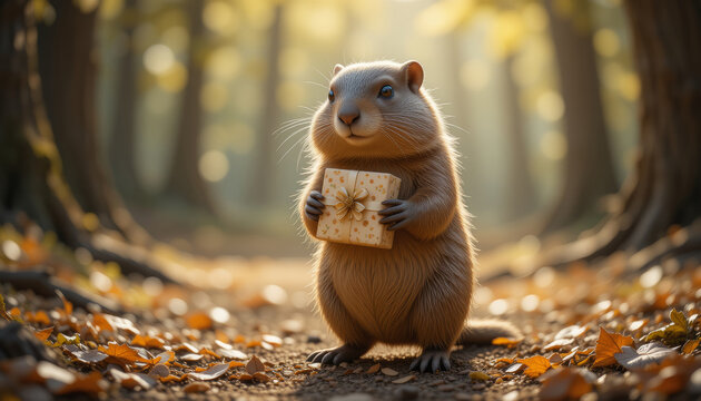 Marmot holding a gift box in a serene autumn forest with falling leaves and copy space