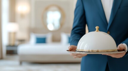 A waiter in a blue suit holds a cloche, presenting a dish in an elegant hotel room with soft lighting and a stylish decor.