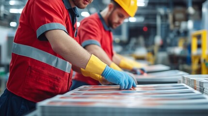 Industrial Workers Using Digital Cutter to Prepare Printed Materials for Packaging