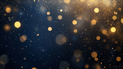 Abstract golden bokeh lights on a dark blue background with glitter and stars