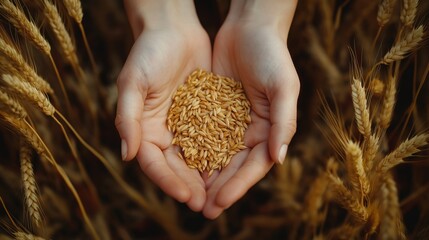 Hands holding wheat grains in a golden field at harvest time
