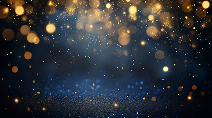 Fototapeta premium Abstract golden bokeh lights on a dark blue background with glitter and stars