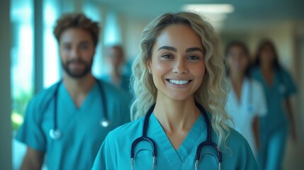 Confident medical professionals smiling in a hospital corridor