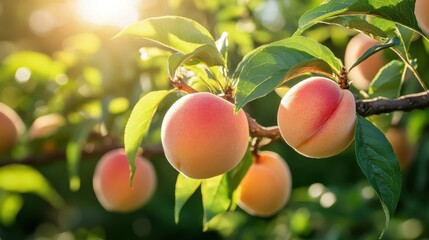 Fresh peach leaves and stems growing on a sunlit branch, showcasing the beauty of nature growth process