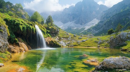 Fototapeta premium A serene landscape featuring a waterfall cascading into a tranquil pool surrounded by mountains.