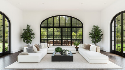 Fototapeta premium Modern Living Room with Arch Windows and Greenery: A contemporary living room bathed in natural light streaming through large arched windows.