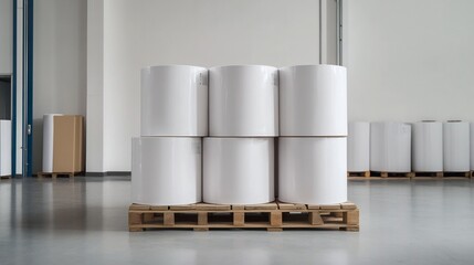 Stacked Paper Rolls on Pallet Prepared for High-Volume Printing Production