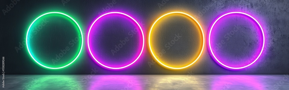 Poster digital graphic of a halo light ring with neon flare glow effect. 3d abstract circular magic portal.