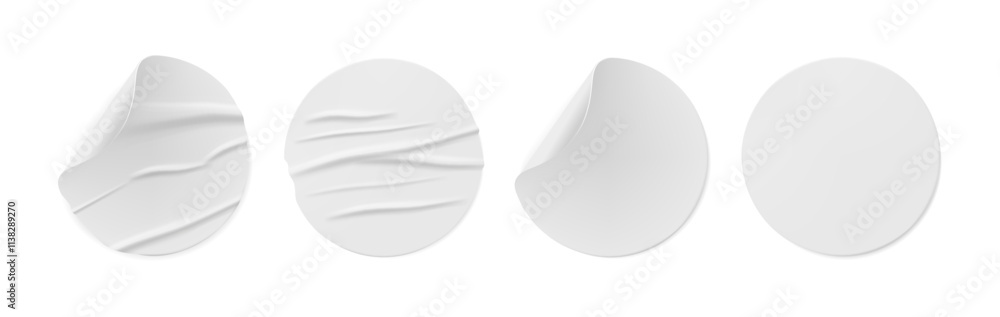 Poster round white stickers or labels with copy space and crumpled glued texture. vector isolated set of re