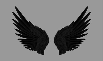 Black stretched wings pair, isolated realistic plumage. Vector part of costume of fantasy creature or fictional personage. Bird or animal body element with plumage and plummets, falcon or crow