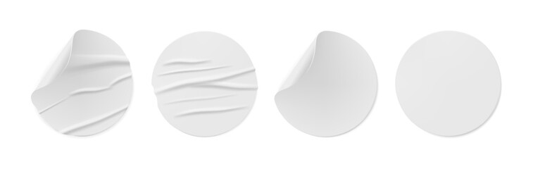 Round white stickers or labels with copy space and crumpled glued texture. Vector isolated set of realistic circle notes or pricetags with wrinkled surface and bend corner, sticky notes