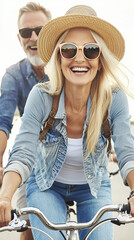 Happy senior couple riding bicycles together, enjoying sunny day outdoors