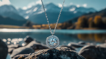 A necklace with a diamond pendant is displayed on a rock near a body of water