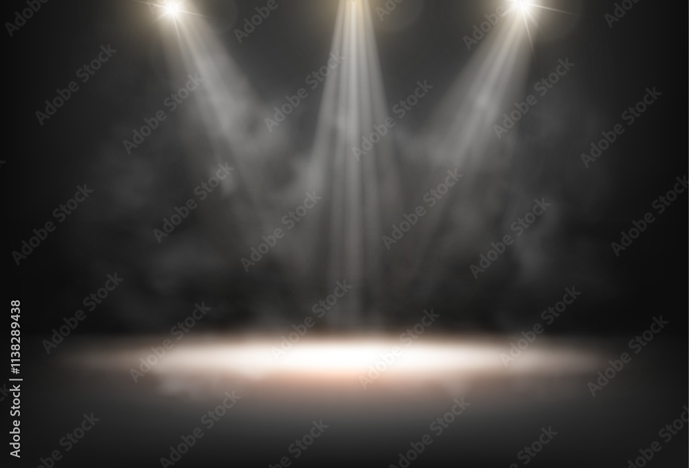 Aufkleber scene illuminated by spotlights. vector realistic empty stage with smoke and mist, lamps and dim lig