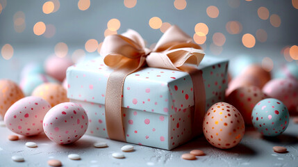 Colorful Easter eggs and a beautifully wrapped gift create a festive atmosphere