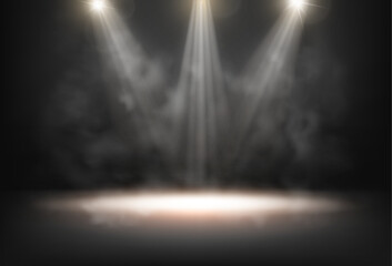 Scene illuminated by spotlights. Vector realistic empty stage with smoke and mist, lamps and dim light. Performance podium or presentation of product, scenery for advertising or showcase © Sensvector