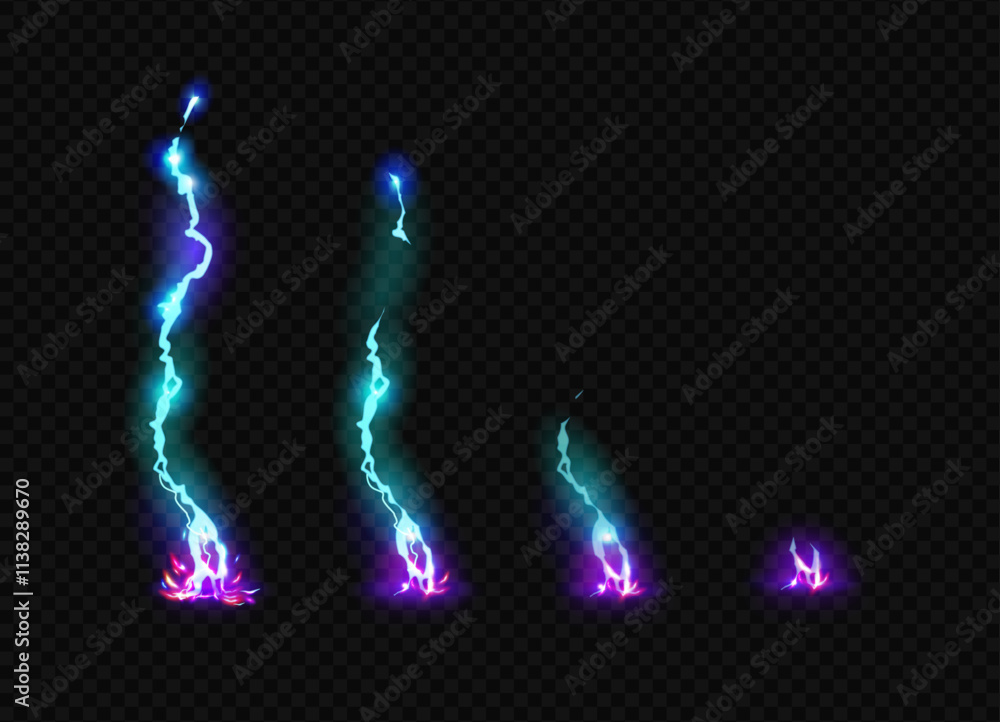 Poster striking lightning hitting ground. vector isolated set of thunder animation. neon thunderbolts in mo