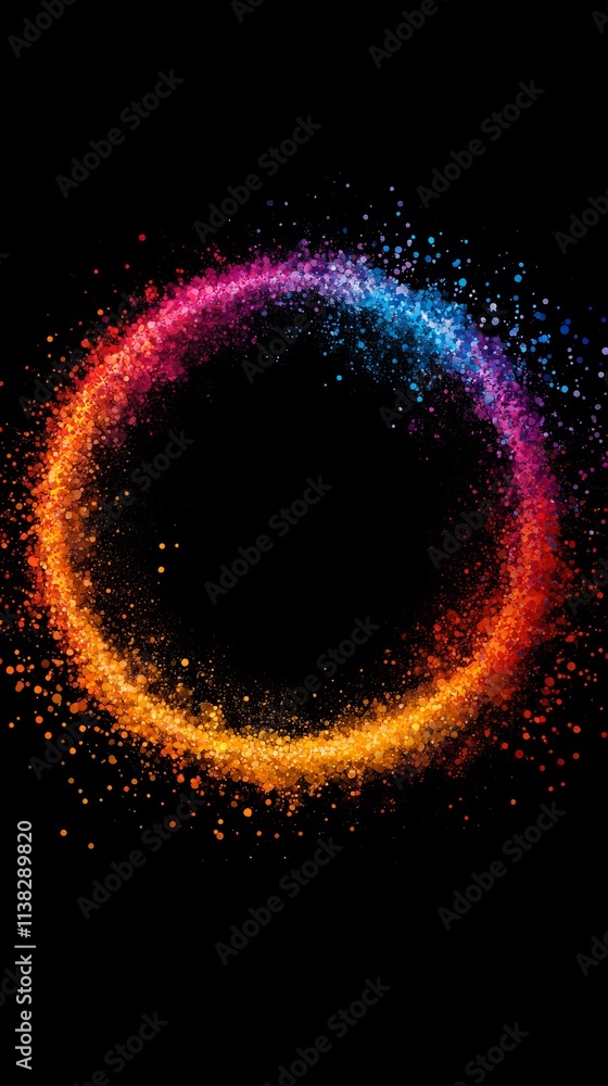 Poster a vibrant circular explosion of colorful particles creating a mesmerizing spectacle against a dark b
