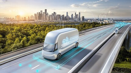 Futuristic Autonomous Delivery Truck in Smart City with AR Elements