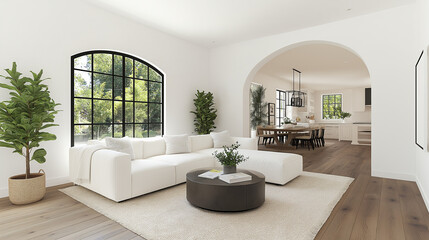 Modern Living Room Design: Open-plan living space with arched doorways, hardwood floors, and stylish white furniture. A serene and sophisticated atmosphere perfect for relaxation and entertaining. 
