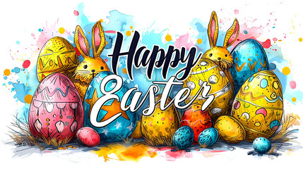Colorful Easter eggs and cheerful bunnies celebrating spring festivities