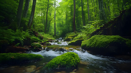 A stream of water flows through a lush green forest