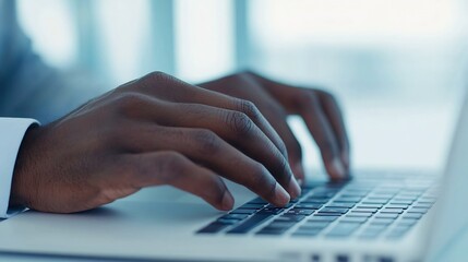 Businessman's Hands Typing on Laptop with Digital Financial Data on Screen