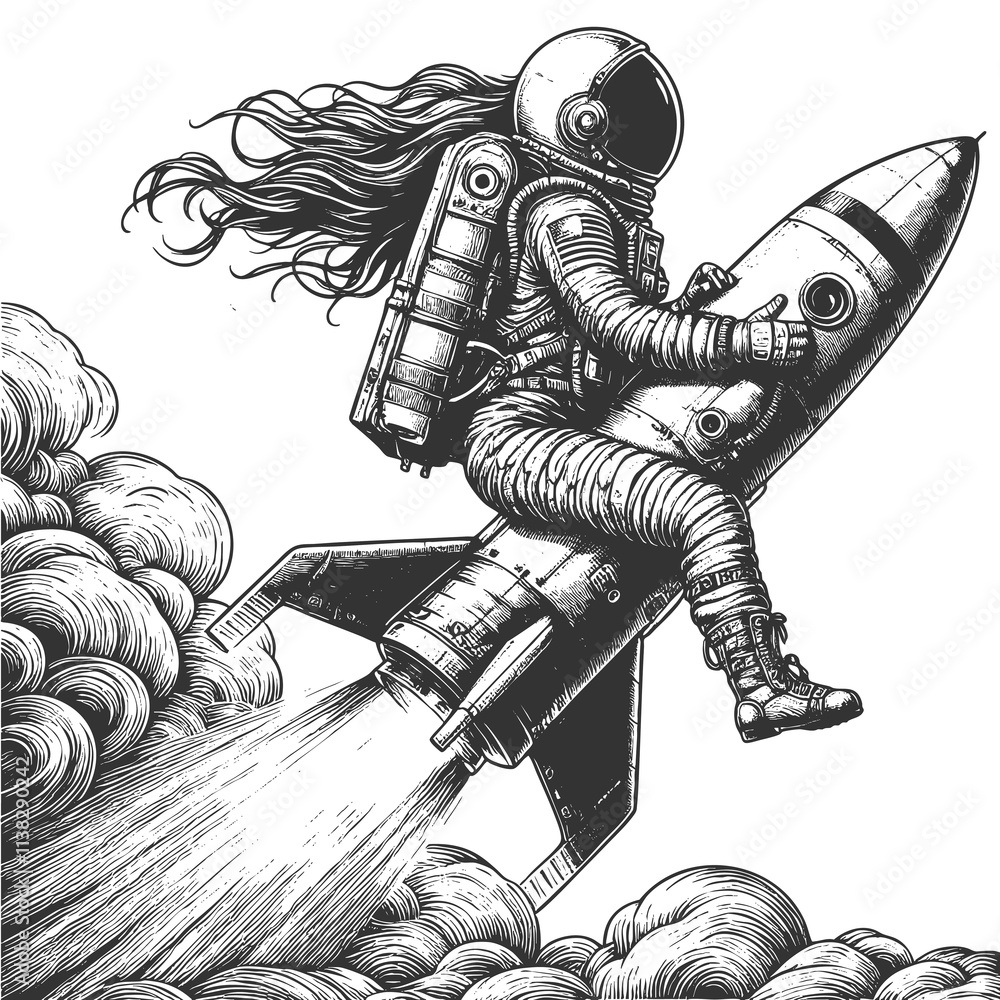 Poster astronaut giving a peace sign while riding a rocket through space, capturing adventure and whimsy sk