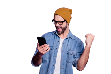 Cool handsome guy holding telephone watch football match casual denim outfit isolated violet background