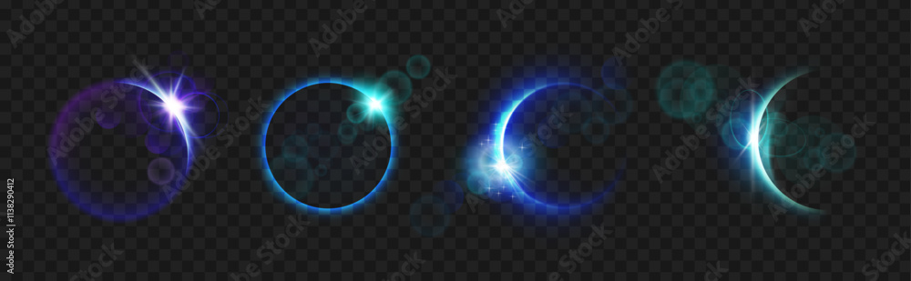Aufkleber Blazing star edge behind planet in dark sky, isolated set of solar or moon eclipse. Vector space design sphere of planet at night, galaxy in darkness, celestial body with shining and light