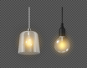 Warm lights from pendant lamp. Vector isolated set of realistic bulbs for home interior design, loft classic or modern styles of apartments and dwellings. Chandelier with glass lampshade © Sensvector