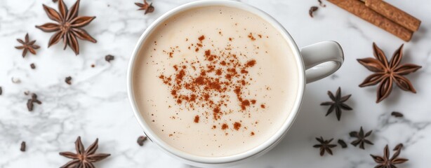 Creamy chai latte topped with cinnamon, surrounded by star anise on marble. Cozy autumn beverage