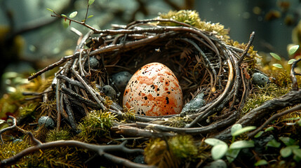 Obraz premium Nest of life cradling a speckled egg amidst vibrant greenery in a serene forest