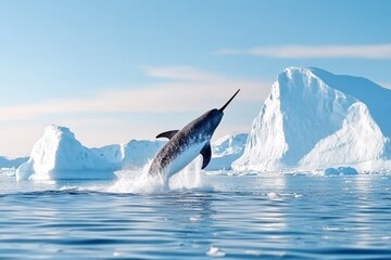 Fototapeta premium Playful narwhal breaching icy arctic ocean surface near icebergs