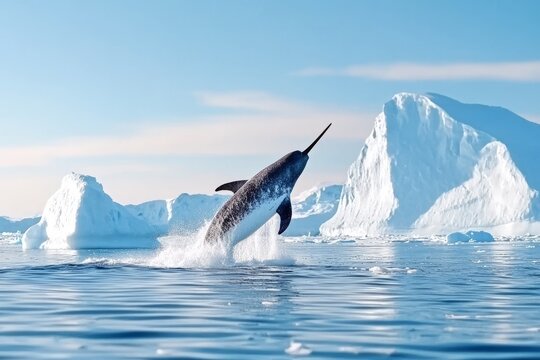 Playful narwhal breaching icy arctic ocean surface near icebergs - Powered by Adobe