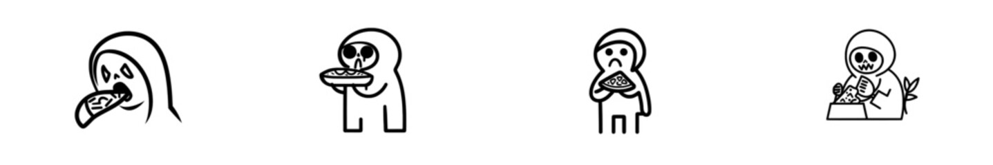 A hand-drawn modern illustration of a zombie devouring a pizza, created with an ink sketch.