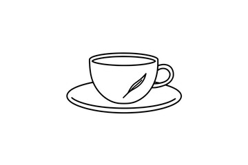 A hand-drawn ink sketch of a vintage cup on a plate, styled as a modern engraved illustration.