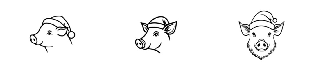 A modern engraved-style illustration of a hand-drawn Christmas pig with a Santa hat.