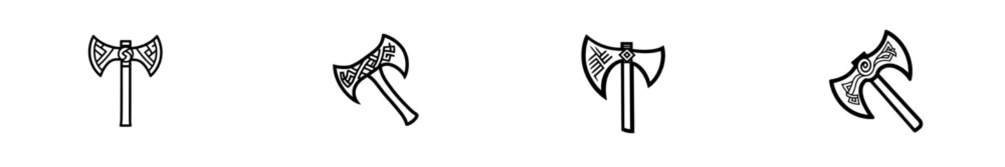 A hand-drawn ink sketch of a war axe, featuring an engraved modern illustration style.