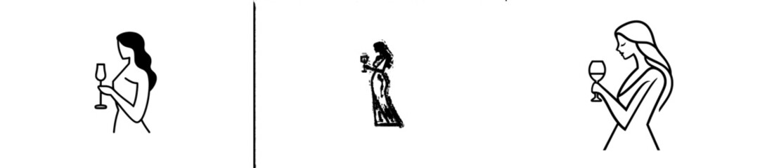 Hand-drawn ink sketch of a girl holding a glass of champagne, featuring a retro-modern engraved style logotype.