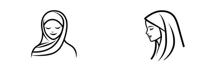 Modern engraved-style portrait of a cheerful Muslim woman in a hijab, created as a hand-drawn ink sketch.