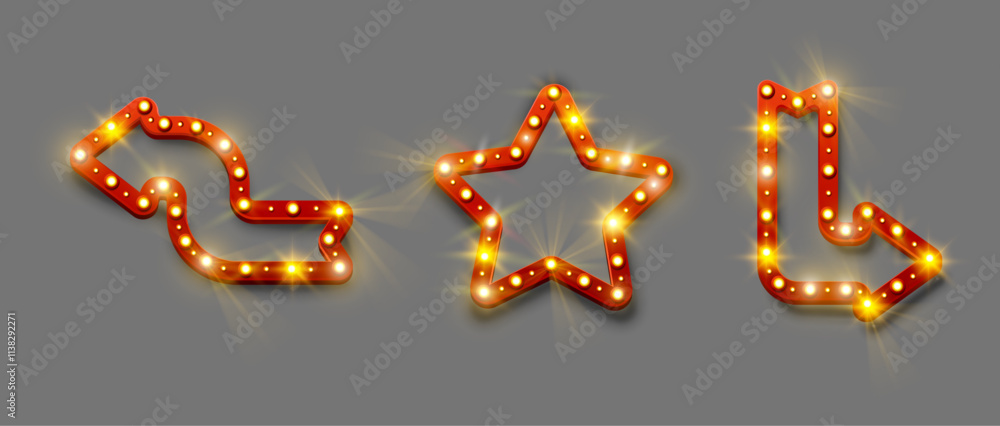 Poster Retro style empty frames or signboard templates with lit lights and bulbs. Vector isolated vintage red board or signs for posters, night club, party or show. Realistic star shape lightbox with shining