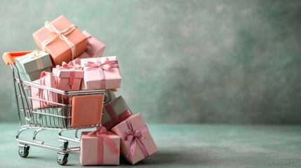 Holiday shopping delight gift box collection in a mini cart indoor setting promotional imagery warm ambiance