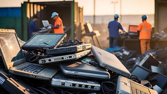 Pile of Discarded Laptops at Electronic Waste Recycling Site with Workers Sorting Devices in Background

