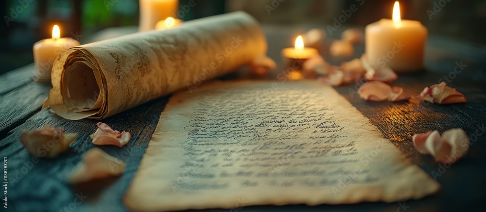 Poster ancient parchment scroll with handwritten text and candles on wooden table.