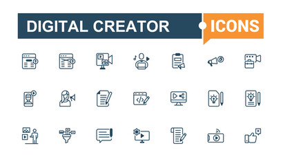 Set of Digital Creator line icons. Contains related to tech, concept, Content Creator, video, story, stream and more. Perfect for logos and infographics. Solid line editable stroke.