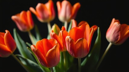 A vibrant bouquet of orange tulips with delicate petals and green stems against a dark background.