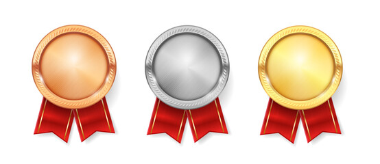 Empty blank medals with ribbons, isolated winners awards for competition. Vector first and second, third place success. Gold and silver, bronze coins with laurel wreath and copy space for text