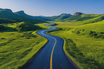 Winding road through a vibrant green valley.